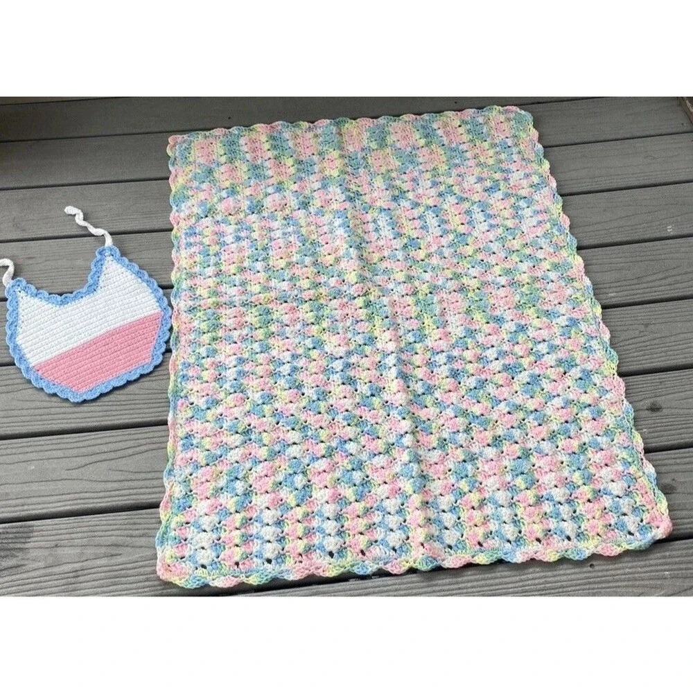 Vintage Granny Crochet Hand Knit Afghan Crib Blanket And Bib White Pink Blue